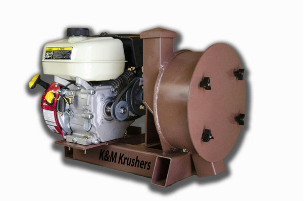K & M Krusher - Rock/Ore Crusher 6.5HP Gas Motor 11" Drum 2-1/2" Infeed-Rockwell #58 Hammers